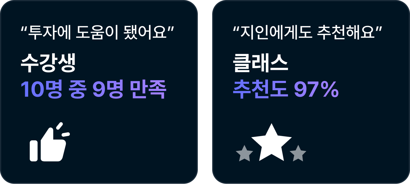 투자에 도움이 됐어요. 수강생 10명중 9명 만족 / 지인에게도 추천헤요. 클래스 추천도 97%